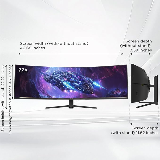 ZZA 49 Inch Ultrawide Curved Gaming Monitor, 120Hz, DQHD 5120x1440P, 1500R, Ultra-Wide 32:9 Screen, 1ms MPRT, HDR, FreeSync G-Sync Compatible, VESA Compatible, Height/Tilt Adjustable