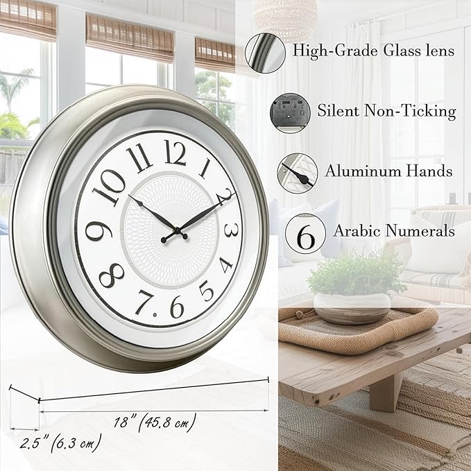 18" Large Galaxy Luminous Atomic Clock with Night Light, Lighted Wall Clocks for Bedroom or Livng Room Decor,Morning Silver Finish,House Warming Gifts New Home