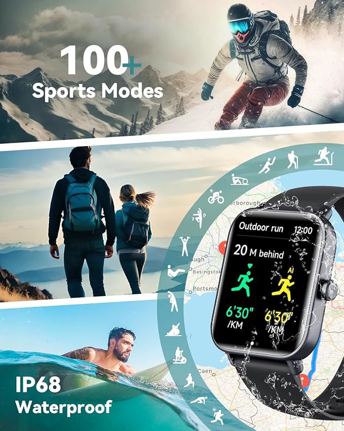 Smart Watches for Women/Men, Smart Watch for Android Phones and iPhone Compatible, Alexa Built-in, 1.8" Fitness Watches for Women, IP68 Waterproof /Bluetooth Call, Heart Rate/Sleep Monitor, Black