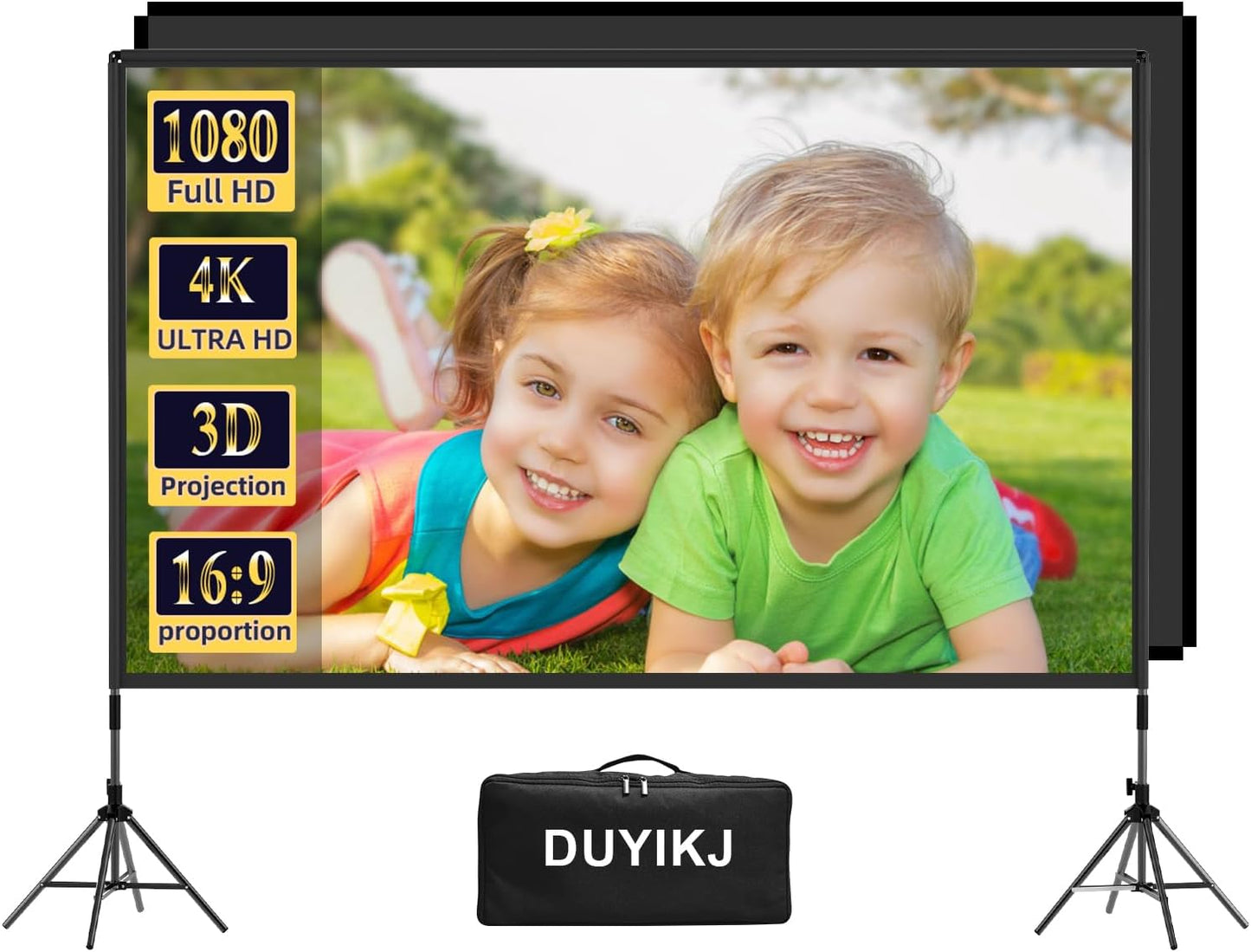 Projector Screen and Stand 100 inch,DUYIKJ Portable Black Backing Projector Screen Indoor Outdoor 16:9 4K HD Wrinkle-Free and Four-Legged Frame Movie Screen with Carry Bag for Backyard Movie Night