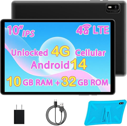 10 Inch Tablet Android 14 Tablet with Sim Card Slot Unlocked, 10GB RAM, 32GB ROM, 1TB Expandable, 8MP Camera, 2.4G/5G WiFi, BT5.0, Cellular Tableta with GPS, Protective Case (Blue)