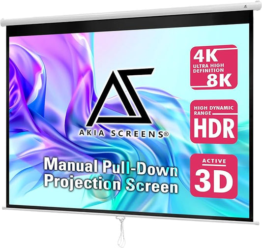 Akia Screens Retractable Projector Screen Pull Down 110 inch 4:3 8K 4K HD 3D White Projection Screen Manual B for Movie Home Theater Office Indoor Ceiling Wall Mount, AK-M110V1