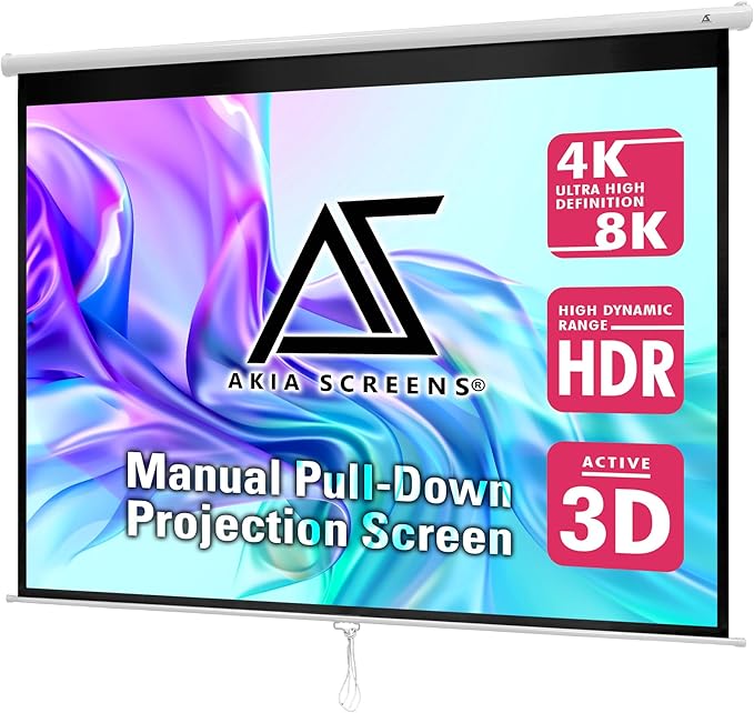 Akia Screens 100 inch Projector Screen Pull Down Manual B 4:3 or 92" 16:9, 95" 16:10 8K 4K HD 3D Ceiling Wall Mount White Portable Projection Screen for Indoor Movie Home Theater Office AK-M100V1