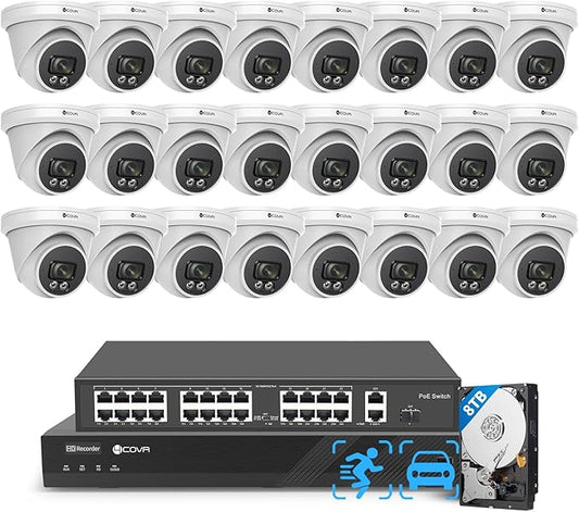 4COVR 4K 32 Channel Security Camera System PoE & AI Person Vehicle Detection, 24Pcs 8MP 110° Wide View Angle Dome IP Camera IP67, 4K UHD NVR 8TB HDD, Business Surveillance Outdoor, LY97SA8M3224
