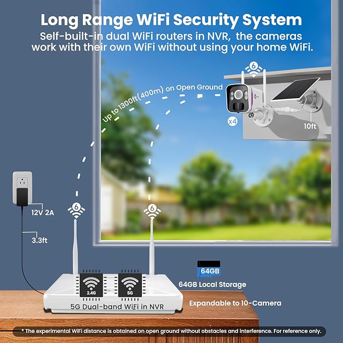XMARTO Solar Security Cameras Wireless Outdoor, WiFi6 NVR with 64GB Micro SD Card, 8 PCs 4MP QHD Home Security Camera System with 10CH Expandable NVR, 120 Days Local Storage, All-Weather Solar Charge