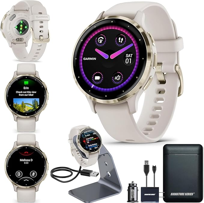 Garmin Venu 3S Running GPS Smartwatch with AMOLED Display, Advanced Health, Fitness Features, Up to 14 Day Battery Life with Signature Power Bundle | Soft Gold with Ivory Silicone Band