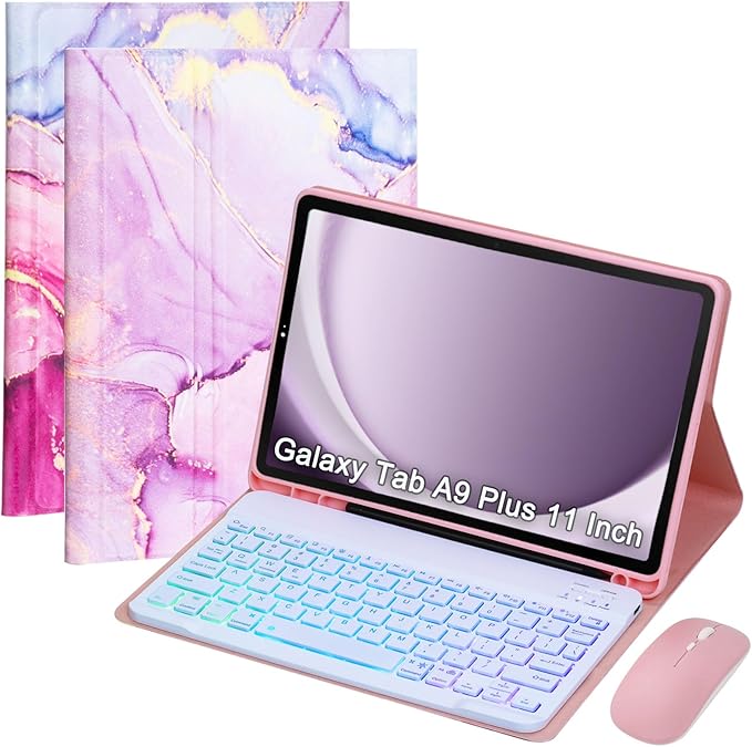 Keyboard Case for Samsung Galaxy Tab A9+/A9 Plus 11 Inch 2023 (SM-X210/X216/X218), Detachable Color Backlit Bluetooth Keyboard and Mouse, Lightweight Stand Cover with Pen Holder (Pink Marble)