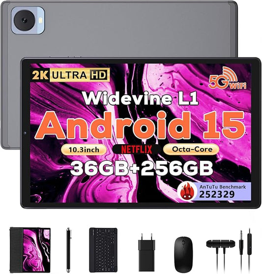 2025 Tablet 10.4 inch Android 15 Tablets with Keyboard Stylus Mouse: 2K IPS Tablette (2000x1200), 36GB+256GB(1TB TF), 5G/2.4G Dual WiFi, 8-Core 1.6GHz, 8000mAh,8+13MP, Widevine L1- Gray