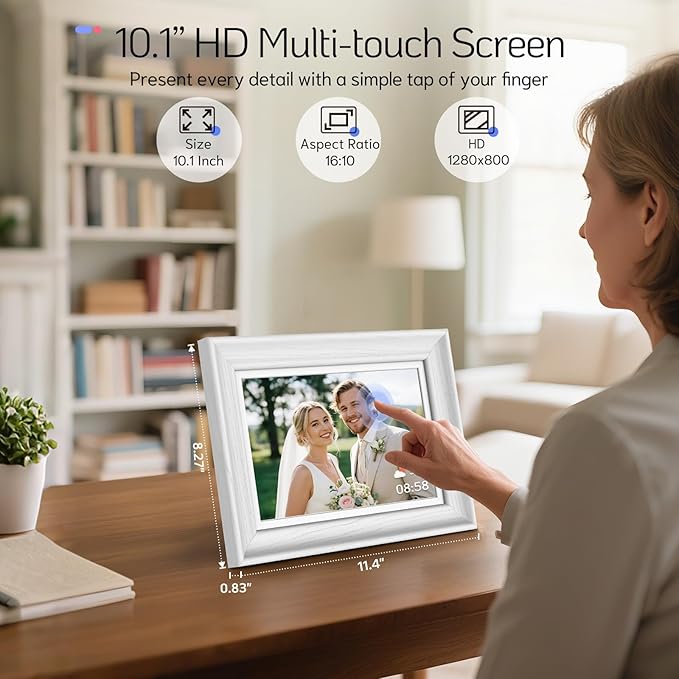 NexFoto Touchscreen Digital Picture Frame 10.1 Inch 64GB, WiFi Photo Frame Electronic, Add Pics from Google Photos, Easy to Share Videos via App/USB/Micro SD, for Christmas/Mom/Birthday, White Wood