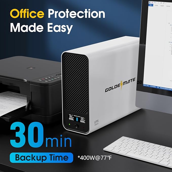 GOLDENMATE 1000VA/800W Lithium UPS Battery Backup and Surge Protector, Sinewave UPS System with LiFePO4 Battery(230.4 Wh), 2025 Upgraded Pro Ver. with Communication Port, 8 Outlets, LCD Display, White