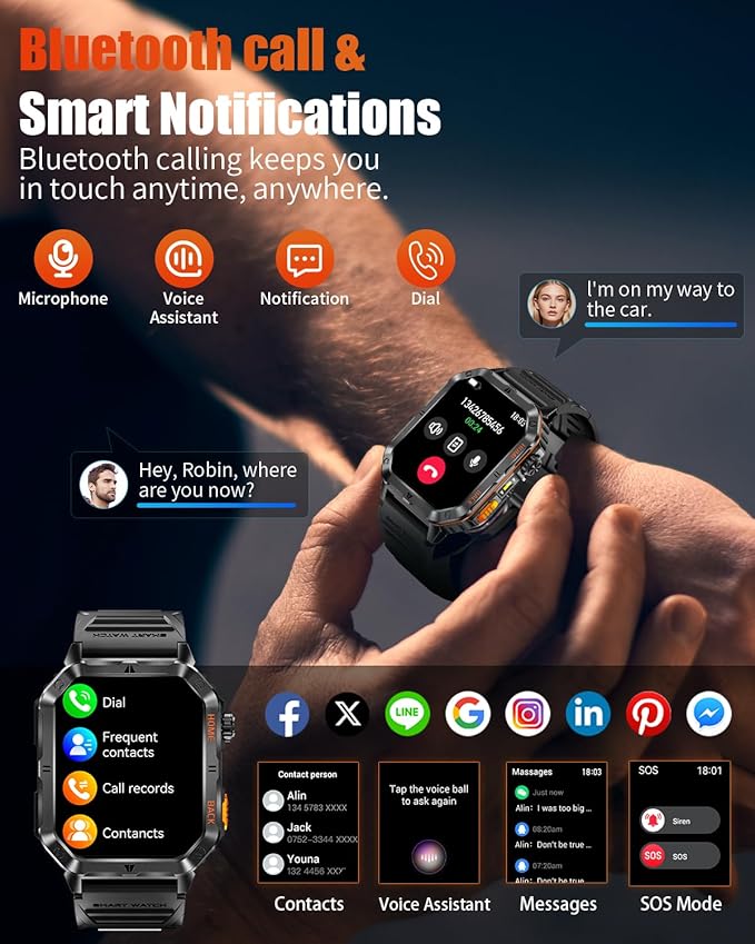 Military Smart Watch for Men, 2.01'' Fitness Tracker with 1200mAh Long Battery Life, Bluetooth Calls, Flashlight, IP68 Waterproof, Heart Rate/Sleep Tracking, 100+ Sports Modes for Android iPhone