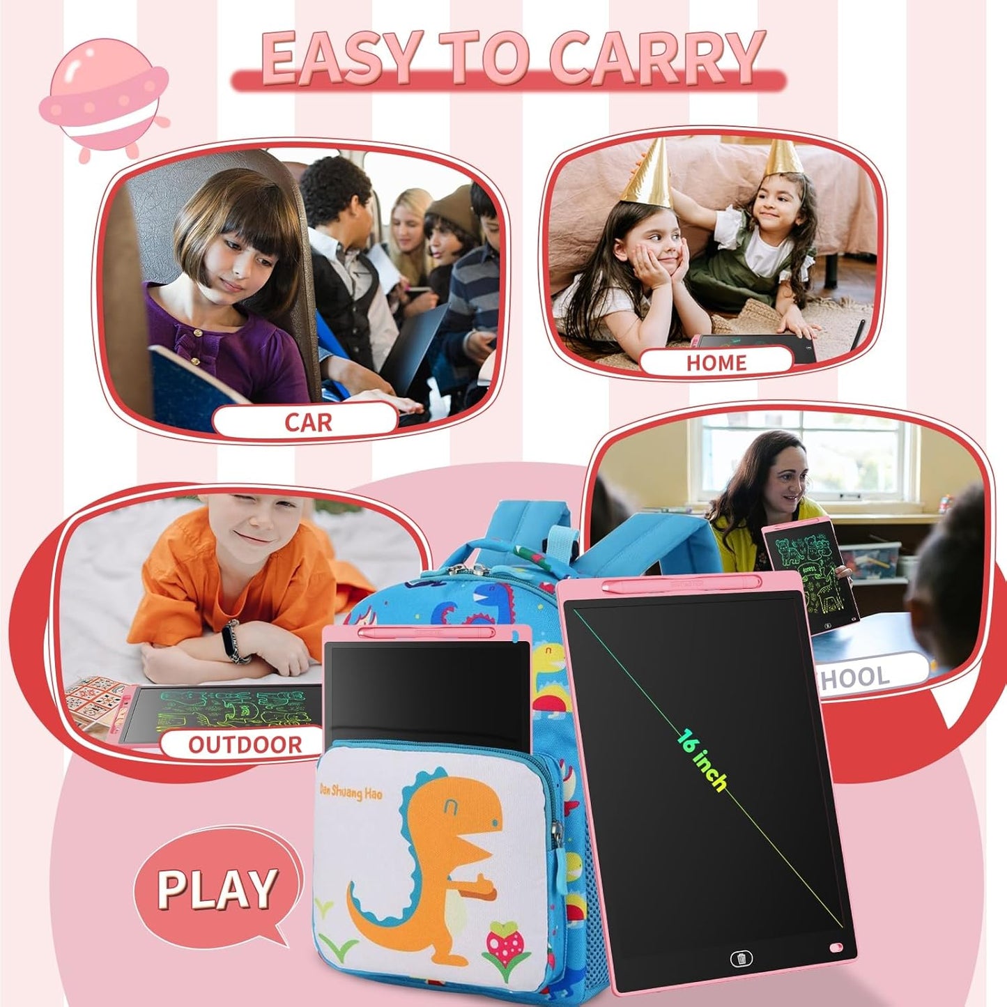 LCD Writing Board 16 Inches, Colourful Electronic Tablet, Portable Erasable Drawing Board, Graphic Tablet for Children's Games 3 4 5 6 7 Year Old Kid Boys Girls (Pink)