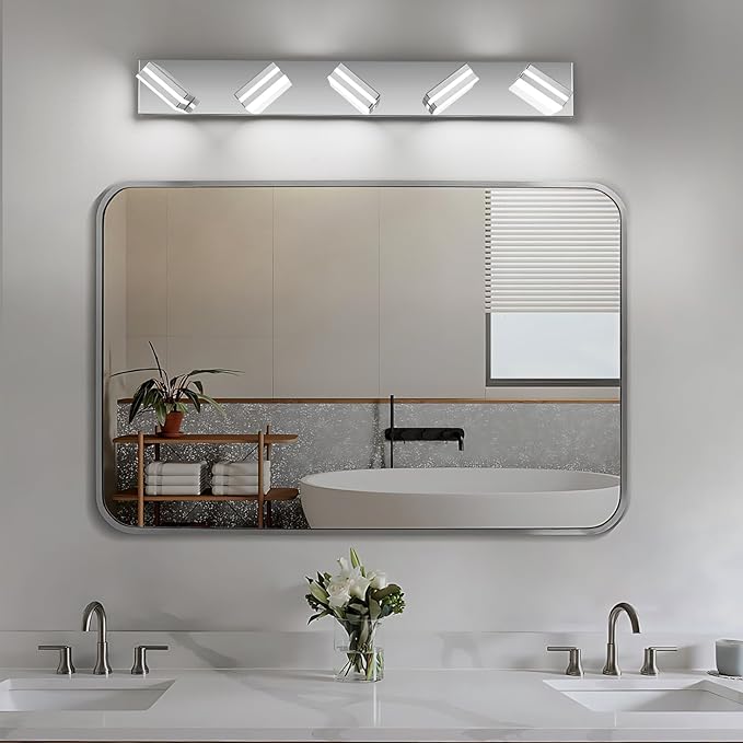 Modern LED Bathroom Lights Fixtures(5-Light),Stainless Steel Chrome Acrylic Wall Lighting,Vanity Lights for Bathroom Over Mirror(6000k 34in)