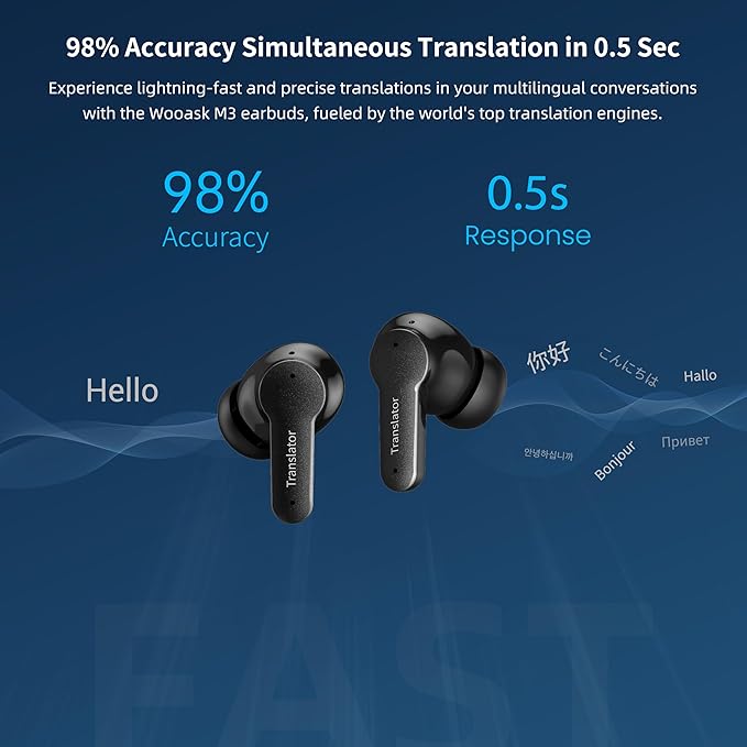 M3 AI Translation Earbuds Real Time, Language Translator Device in 144 Languages, 3-in-1 Offline Two-Way Audífonos Traductores, Live Translate Headphones, No Subscription Required (Black)