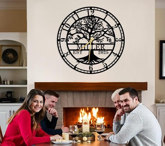 Personalized Tree of Life Large Wall Clock, Custom Wall Clock with Family Last Name and Established Date, Silent Metal Clocks, Regular Numerals Clock, Housewarming Gift