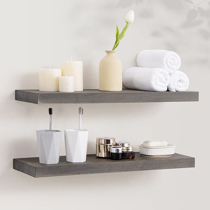 Axeman Floating Shelves for Wall, 24''W x 8'' D Rustic Solid Elm Wood Shelves for Storage, Wall Mounted Display Shelving with Invisible Heavy-Duty Metal Bracket (Grey, 2PCs)