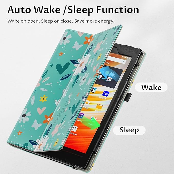 VORI Case for All-New Amazon Kindle Fire HD 10 Tablet (13th/11th Generation 2023/2021 Release) and Fire HD 10 Plus - Slim Folding Stand Folio Cover with Auto Wake/Sleep & Hand Strap, Green Flower