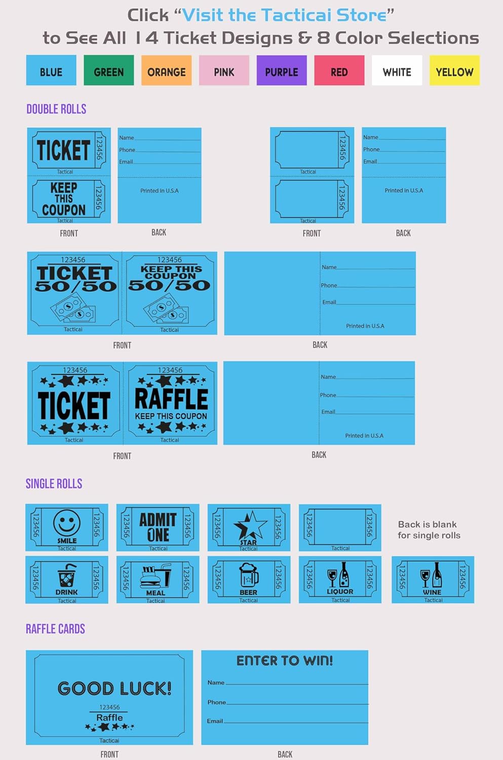 Tacticai 500 Raffle Tickets, Pink (1 of 8 Colors), Double Roll, Ticket for Events, Entry, Class Reward, Fundraiser & Prizes