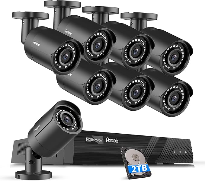 PoE Security Camera System 4K, 8X 8MP Wired Outdoor Home Surveillance IP PoE Cameras with AI Human Vehicle Detection, Remote Access, Built-in Mic, 4K 8 Channel NVR 2TB HDD, PB37F30808-8M