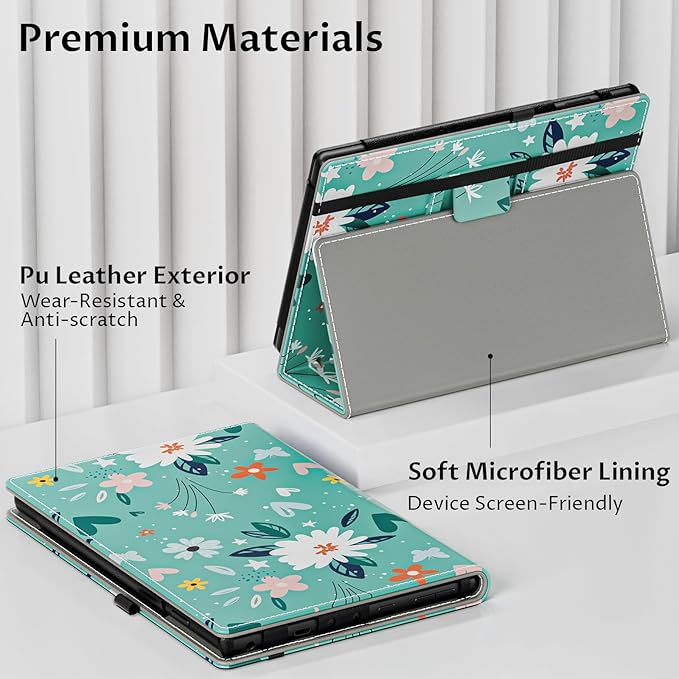 VORI Case for All-New Amazon Kindle Fire HD 10 Tablet (13th/11th Generation 2023/2021 Release) and Fire HD 10 Plus - Slim Folding Stand Folio Cover with Auto Wake/Sleep & Hand Strap, Green Flower