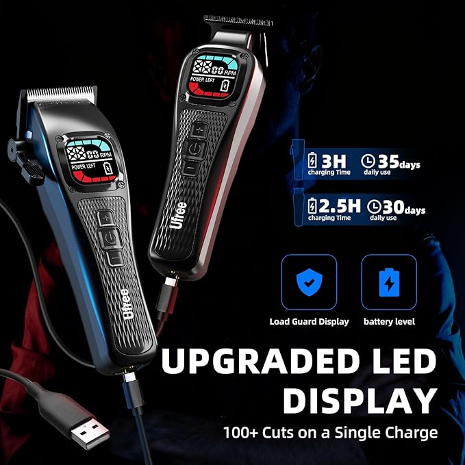 Ufree Professional Hair Clippers for Men, Barber-Grade Cordless Clipper & Trimmer Set with LCD Display & Long Lasting Power, Hair Cutting Tools for Home Haircuts, Fading, Beard Trimming