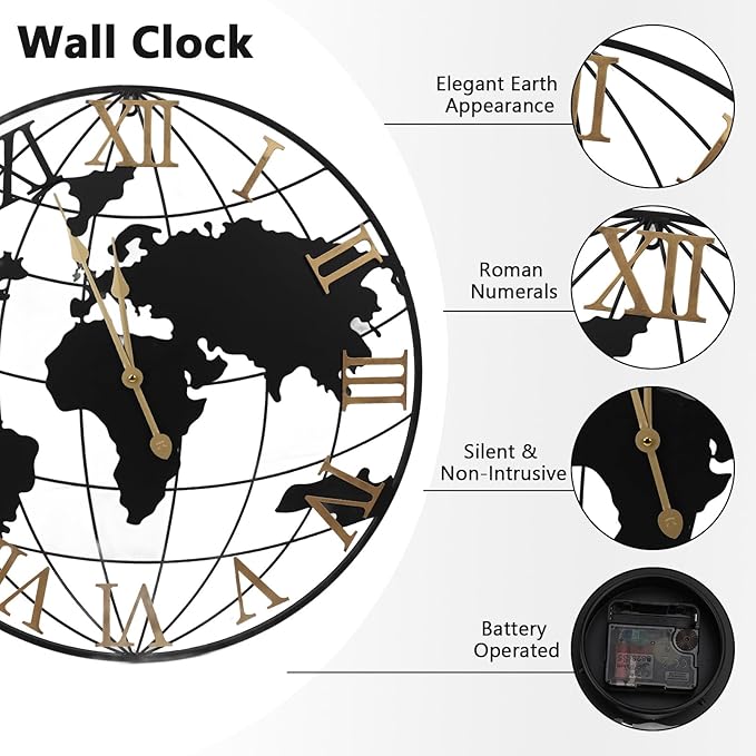 Gugxiom 24 Inch Large World Map Wall Clock Battery Operated, Roman Numeral Wall Clock, Metal Minimalist Modern Clock, for Office Kitchen Bedroom Living Room