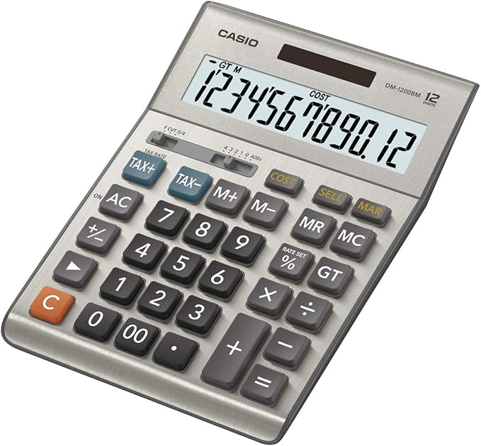 Casio DM-1200BM – Business Desktop Calculator with Cost/Sell/Margin & Tax Keys | Extra-Large 12-Digit Display, Kickstand | Ideal for Office & Finance Use