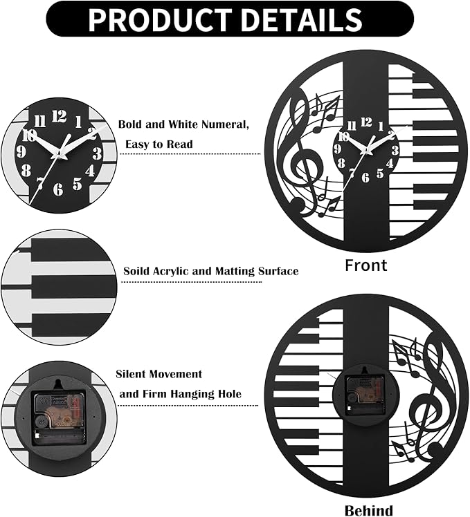 12 Inch Music Themed Wall Clock - Piano Key & Musical Note Design, Silent and Battery Operated - Perfect for Music Room, Studio Decor - Gift for Pianists, Musicians & Music Lover