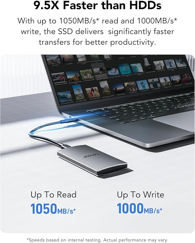Lexar ES3 1TB External SSD, USB 3.2 Gen2 Portable SSD, PSSD Up to 1050MB/s Read, 1000MB/s Write, External Solid State Drive Compatible with iPhone 16/15 Series/Mac/PS5/XBOX/Laptop/PC, Silver