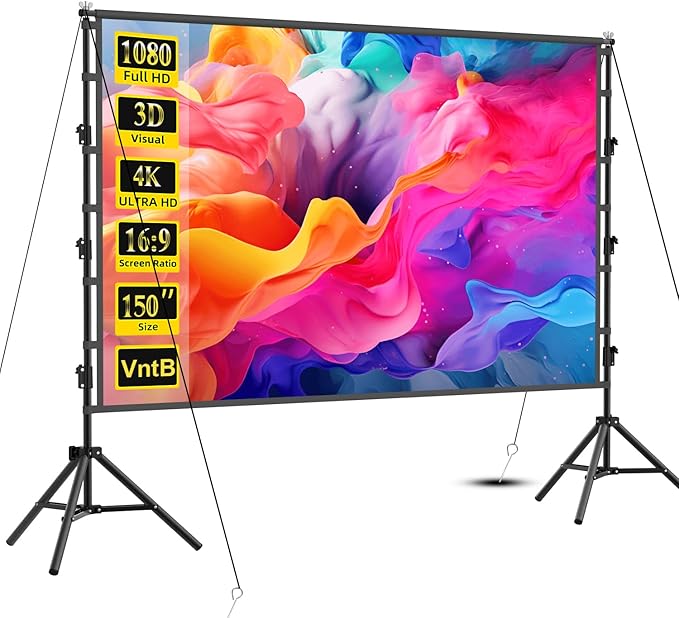 Outdoor Projector Screen with Stand, 150 inch Portable Projection Screen Wrinkle-Free 16:9 4K HD Rear Front Movie Screen with Carry Bag for Indoor Home Theater, Camping and Backyard Entertainment