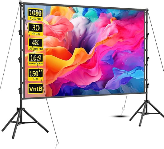 Outdoor Projector Screen with Stand, 150 inch Portable Projection Screen Wrinkle-Free 16:9 4K HD Rear Front Movie Screen with Carry Bag for Indoor Home Theater, Camping and Backyard Entertainment