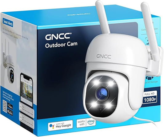 GNCC GK2 Outdoor Security Camera, 355° PTZ Camera, 1080P Color Night Vision, AI Motion, 2-Way Audio, IP65 Waterproof, 24/7 Wired Power, Works Alexa, Cloud Subscription/SD Card Storage, 2.4Ghz WiFi