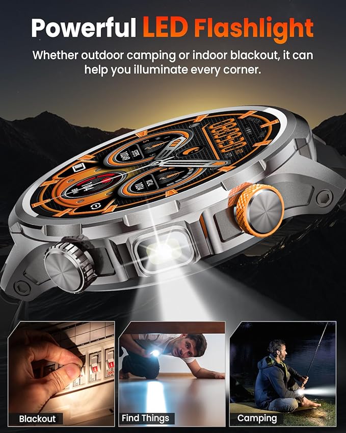 Smart Watches for Men, Military Smart Watch with 100 Days Battery/Flashlight/Heart Rate/Sleep/SpO2 Monitor/Calling/110+ Sports Mode, 5 ATM Rugged Men's Fitness Tracker Watch for Android iPhone(Silver)