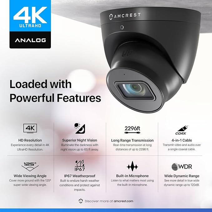 Amcrest Analog 4K Outdoor Security Camera, Turret 8MP @15fps CCTV-Coax-BNC, 98ft Night Vision, 125° Angle, Built-in Mic, Black (AMC4KDM28-B-V3), (Not an IP Camera) DVR Required, Not Included