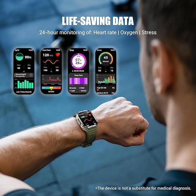 Military Smart Watches for Men，Smart Watch for Android iPhone with Large 2.01"Fitness HD Display/Flashlight/100-Day Battery/Compass/Heart Rate/120+ Sports Modes/IP68 Waterproof Smartwatch （2 Straps)