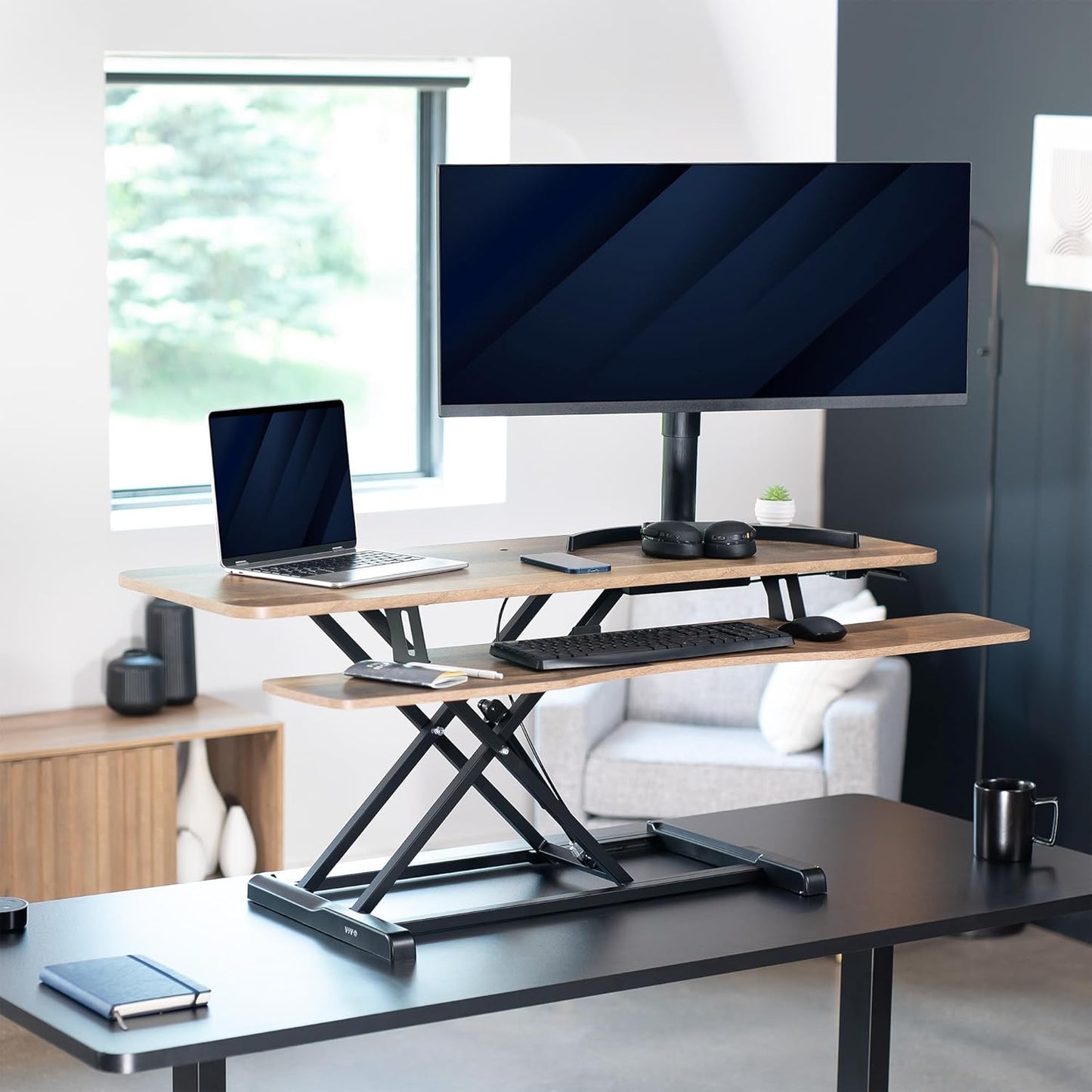 VIVO 48 inch Desk Converter, K Series, Height Adjustable Sit to Stand Riser, Dual Monitor and Laptop Workstation with Wide Keyboard Tray, Reclaimed Wood Top, Black Frame, DESK-V048KP