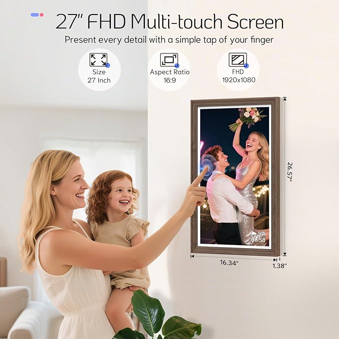 NexFoto Large Digital Picture Frame 27'' Touchscreen, WiFi Electronic Photo Frame 64GB 1920 * 1080 - Add Photos from Google Photos, Upload Videos, for Christmas/Housewarming/Mom/Birthday, Walnut