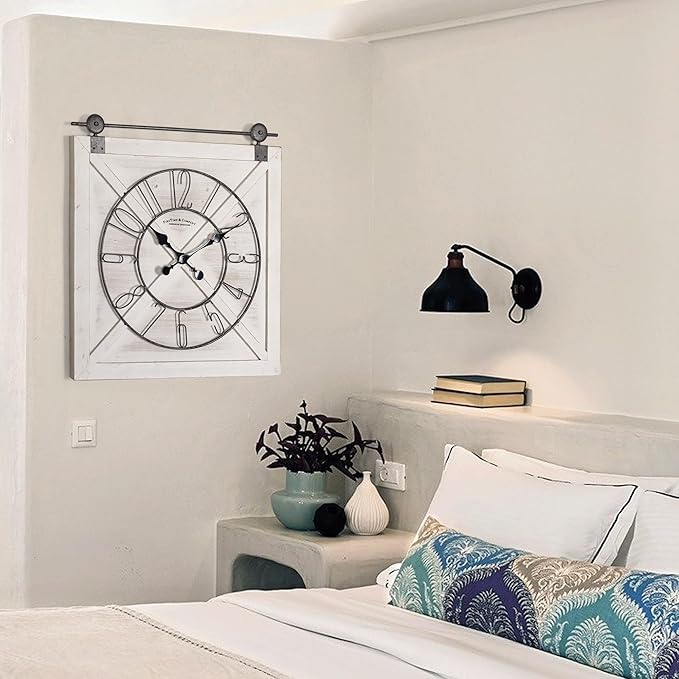 Oakrain Rustic Large Wall Clock, Classic Vintage Hanging Clock, Silent Non-Ticking Square Wall Clock for Living Room Bedroom Office, Numeral, Distressed White, 27''x29''