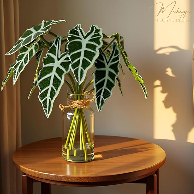 Artificial Flowers Turtle-Back, Alocasia Leaf, in Glass Vase with Faux Water,7Pcs Artificial Leaves Real Touch Latex Leaves for Centerpiece (2, Turtle-Back&Alocasia Leaves)