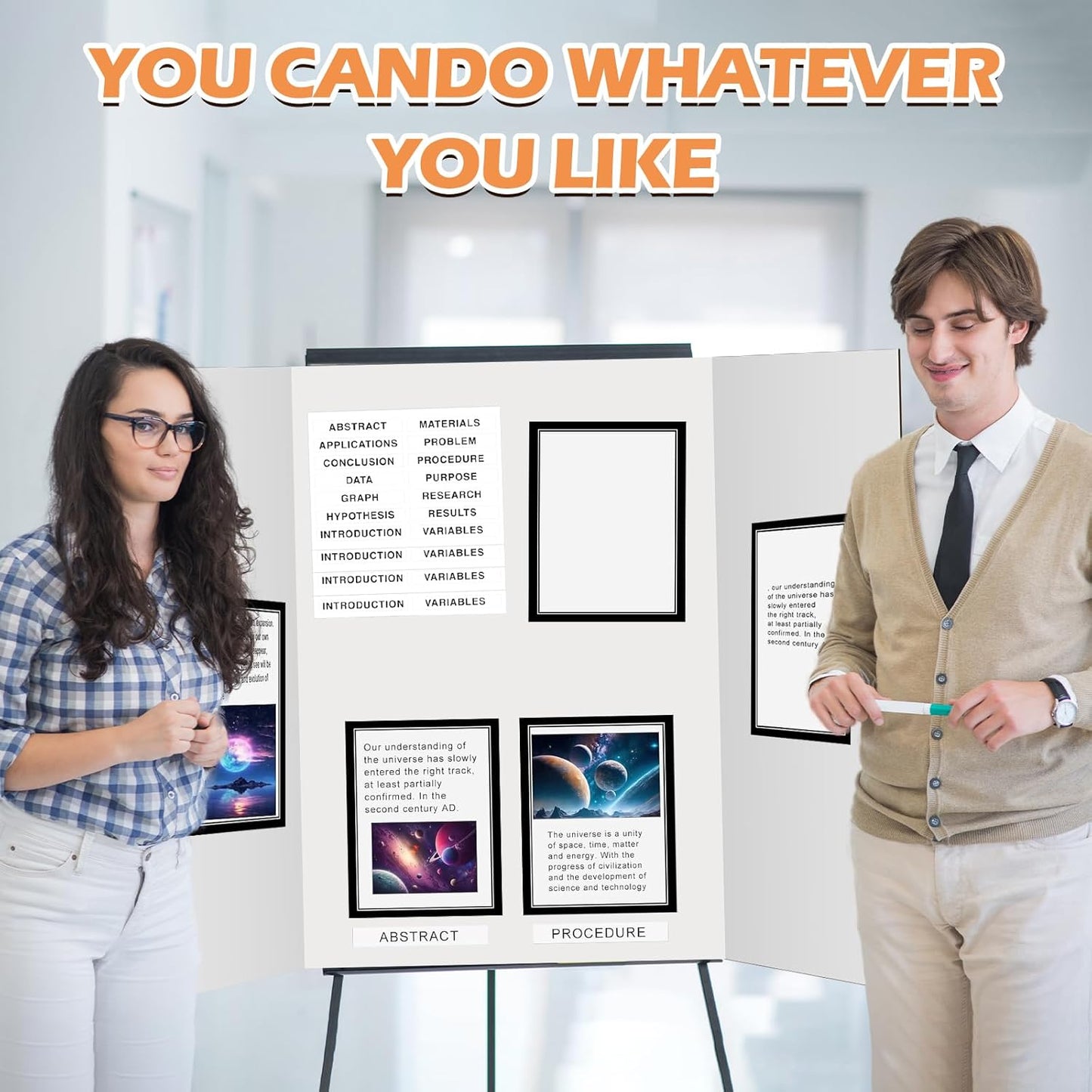 8 Pack 36"x48" Large Trifold Poster Display Board with Headers,White Foldable Presentation Paper Board with 8 Science Subtitles and 64 Self-Adhesive for School Science Business Project Display