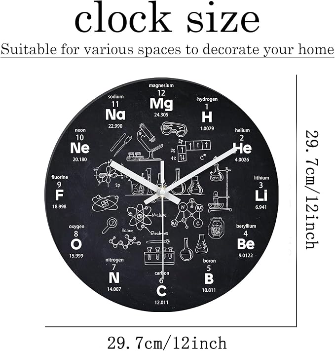 XNM Black Chemical Clock for Classroom Glass Analog Small Science Wall Clocks Battery Operated 12 Inch Round Silent Wall Clock Modern