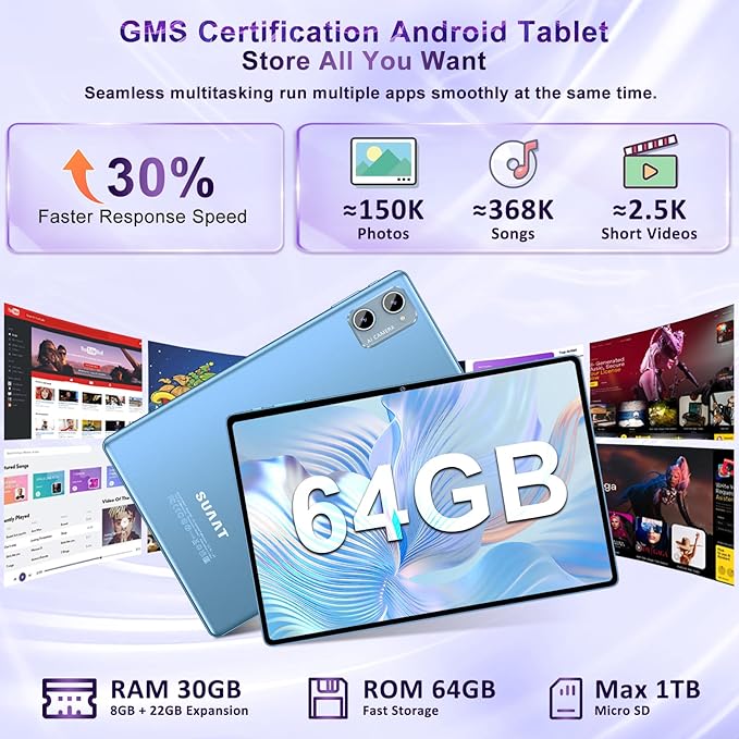 10 Inch Tablet Android 15 Tablets with Keyboard, 30GB 64GB 1TB Expand Tab PC with 2.0GHz Octa-Core, 8MP Camera, 6000mAh, GMS, WiFi 6, BT 5.0, FHD Display, Widevine L1, Gemini AI (Blue)