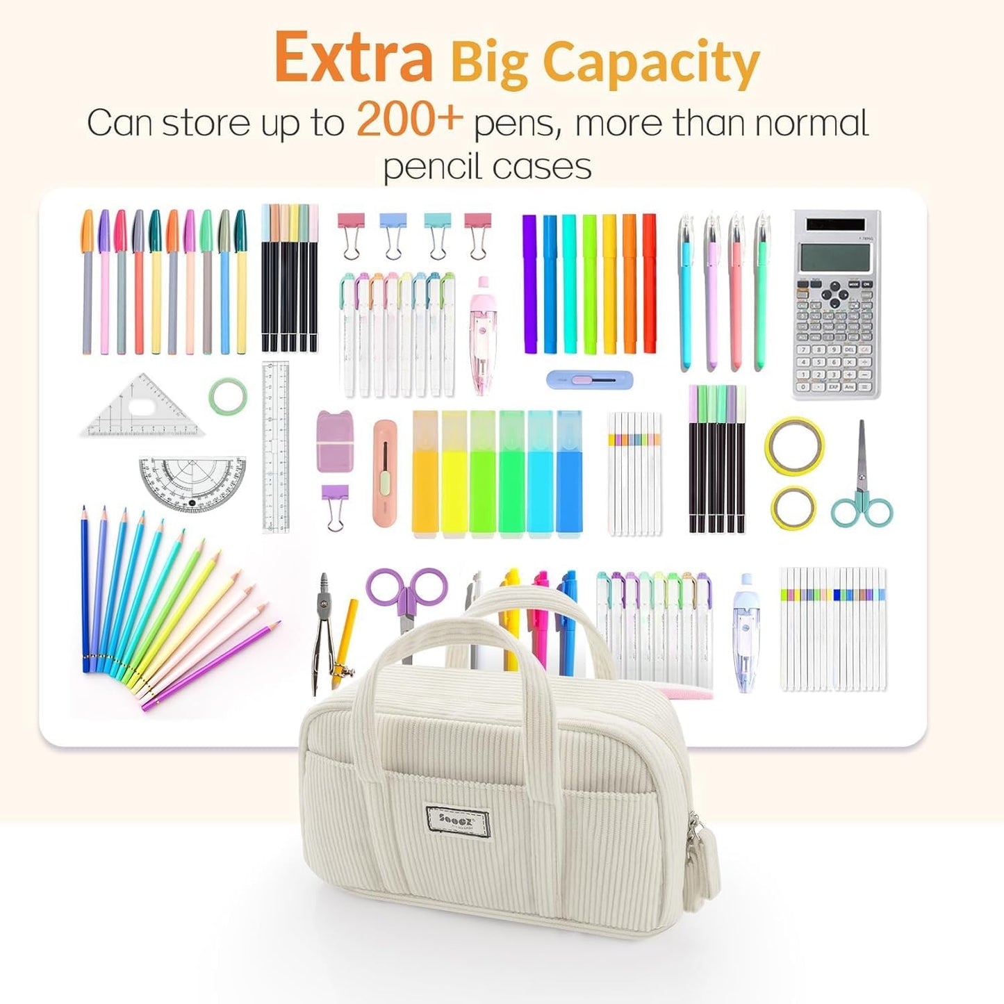 Sooez Large Pencil Case Pouch, Extra Big Pencil Bag with 5 Compartments, Pen Bag Wide Opening, Soft Waffle Pencil Pouch Organizer with Zipper, Cute Aesthetic School Supplies for Teen Girls-Coral