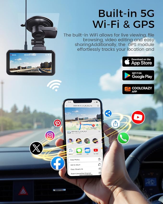COOLCRAZY 4K Dash Cam Front and Rear with Touch Screen & STARVIS Sensor,5.8Ghz Wi-Fi,GPS,64GB Card,Night Vision Dashcam,G-Sensor,Loop Recording,App Control,24H Parking Monitor Car Camera