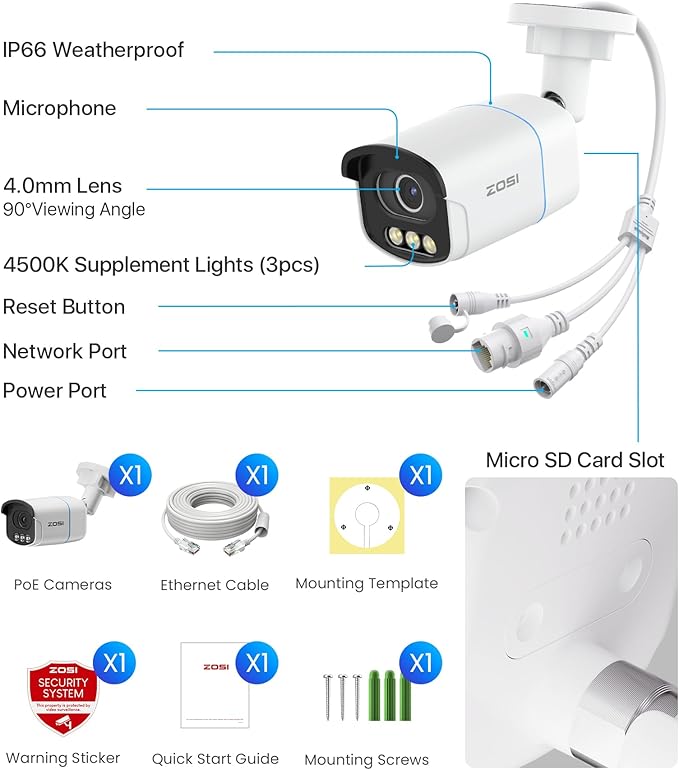 ZOSI C186 5MP 3K Aurora Lux True Color Night Vision PoE IP Security Camera, Smart Person/Vehicle Alerts for Outdoor Indoor Surveillance, Light & Siren Alarms, Two-Way Talk, with Our NVR or PoE Switch