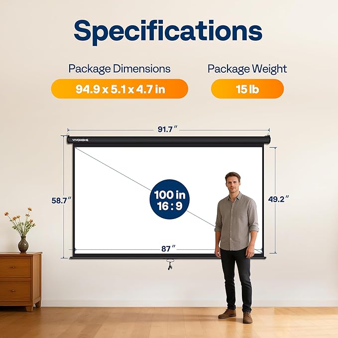 VIVOHOME 100 Inch 16:9 Pull Down Projector Screen, HD 4K Retractable Movie Screen for Indoor Home Theater and Office, Manual Projection Screen with Auto Locking (87W x 49H Inch Display Area)