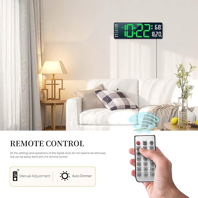 Digital Clock, Digital Wall Clock for Living Room Decor, Desk Alarm Clock for Bedroom, Large Wall Clock with Remote Control, Automatic Brightness Dimmer LED Clock with Date Temperature Week (Green-B)