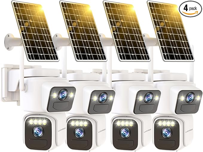 Dual Lens Outside Cameras for Home Security Cameras 4 Pack,2.4G & 5G WiFi,Solar Battery Powered Camera with AI Motion Siren,SD/Free Cloud Storage,No Monthly Fee,Color Night Vidion,Waterproof