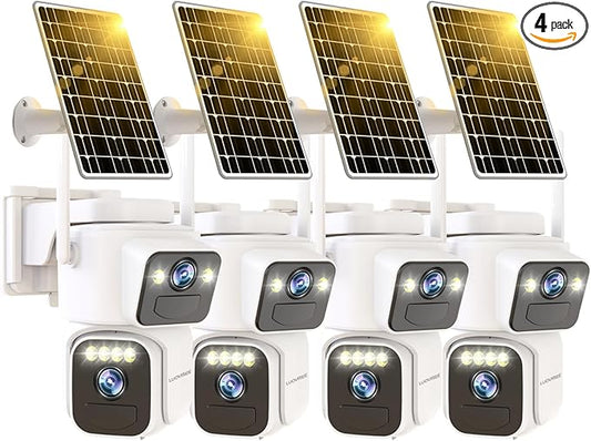 Dual Lens Outside Cameras for Home Security Cameras 4 Pack,2.4G & 5G WiFi,Solar Battery Powered Camera with AI Motion Siren,SD/Free Cloud Storage,No Monthly Fee,Color Night Vidion,Waterproof