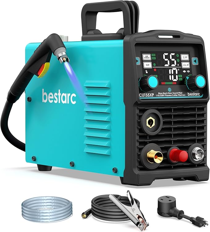 bestarc Plasma Cutter, [Blow Back Pilot Arc][Large LED][Air Sensor] 55A Non-HF bestarc Plasma Cutter Machine 110V/220V Dual Voltage, 5/8" Clean Cut 4/5" Max Cut, Post Flow, 2T/4T for Beginners DIY